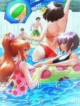  2boys 3girls absurdres asahina_mikuru ass ball beachball bikini black_one-piece_swimsuit brown_eyes brown_hair closed_mouth commentary_request green_shorts hair_ribbon highres holding holding_ball koizumi_itsuki kyon long_hair medium_hair multiple_boys multiple_girls nagato_yuki nmaywo one-piece_swimsuit open_mouth orange_eyes orange_hair outdoors pink_one-piece_swimsuit polka_dot polka_dot_one-piece_swimsuit ponytail pool purple_hair red_bikini ribbon short_hair shorts suzumiya_haruhi suzumiya_haruhi_no_yuuutsu swimsuit teeth topless_male translation_request upper_teeth_only water wet yellow_ribbon 