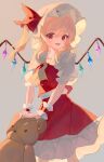  1girl :d absurdres bare_legs blonde_hair breasts cindy717 crystal feet_out_of_frame flandre_scarlet frilled_shirt_collar frills grey_background hair_between_eyes hat highres holding holding_stuffed_toy long_hair looking_at_viewer mob_cap open_mouth petite petticoat red_eyes red_skirt red_vest sidelighting simple_background skirt skirt_set small_breasts smile solo standing stuffed_animal stuffed_toy swept_bangs teddy_bear touhou vest wings 