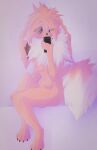  2022 anthro areola blush breasts canid canine caypaisley cellphone claws digital_media_(artwork) eevee feet female fox fur generation_1_pokemon hi_res holding_cellphone holding_object holding_phone holding_smartphone mammal nintendo nipples phone pokemon pokemon_(species) pokemorph pupils shadow smartphone solo string tail toes tuft 