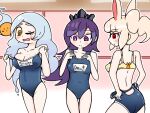  3girls animal_ears animal_print ass blush bra breasts changing_clothes changing_room egg_yolk embarrassed grey_hair hair_ornament hairclip highres hitodama hyakkihime large_breasts multiple_girls new_school_swimsuit orange_eyes ponytail purple_eyes purple_hair rabbit_ears rabbit_print red_eyes school_swimsuit small_breasts spirit swimsuit underwear user_vxsn8372 white_hair youkai_watch 