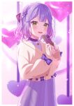  1girl absurdres bow braid candy chocolate chocolate_bar dress food french_braid hair_between_eyes hair_ornament highres holding long_sleeves open_mouth original pochimaru_(marumaru_wanwan) purple_bow purple_dress purple_hair purple_nails smile solo tongue yellow_eyes 