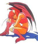  1girl barefoot demon_girl demon_horns demon_tail demon_wings horns knee_up looking_at_viewer lowres monster_farm non-web_source official_art pixie_(monster_farm) red_eyes red_hair red_wings short_hair simple_background sitting solo tail white_background wings 