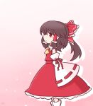  1girl 216 bow brown_hair collared_shirt detached_sleeves frilled_bow frilled_hair_tubes frilled_skirt frills from_side hair_bow hair_tubes hakurei_reimu long_skirt looking_at_viewer medium_hair neckerchief red_bow red_eyes red_skirt red_vest ribbon-trimmed_sleeves ribbon_trim sarashi shirt skirt sleeveless socks standing touhou vest white_socks yellow_neckerchief 