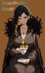  1girl binah_(project_moon) black_cape black_dress black_eyes black_hair black_sailor_collar blonde_hair breasts cape closed_mouth colored_inner_hair cup dress highres holding holding_cup holding_plate large_breasts library_of_ruina long_hair long_sleeves looking_at_viewer multicolored_hair plate project_moon sailor_collar simple_background sitting smile solo streaked_hair teacup y0ru73 yellow_background 