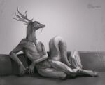  anthro asian_mythology dragon east_asian_mythology eastern_dragon furniture hi_res horn male mane monochrome mythology neonspaceartist nude on_sofa simple_background sitting sitting_on_side sitting_on_sofa sofa solo tail tail_tuft tuft 