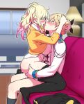  1boy 1girl ass ass_grab black_thighhighs blonde_hair blush bottomless breasts brother_and_sister clothed_sex commentary_request commission couch cum french_kiss gradient_hair hands_on_another&#039;s_head hetero incest indoors jacket kiss large_breasts long_hair long_sleeves looking_at_another multicolored_hair nipples on_couch open_clothes orange_jacket pixiv_commission project_sekai rolling_eyes saliva sanagi_torajirou sex short_hair siblings sidelocks sitting skirt skirt_removed straddling sweat tenma_saki tenma_tsukasa thighhighs thighs tongue tongue_out twintails upright_straddle white_jacket 