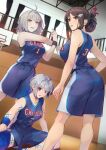  3girls ahoge alternate_hair_length alternate_hairstyle bare_shoulders basketball_court basketball_uniform blue_hair blue_shirt blue_shorts blush body_markings braid braided_bun breasts brown_eyes brown_hair colored_inner_hair commission earrings fate/grand_order fate_(series) grey_hair hair_bun hair_ribbon highres jeanne_d&#039;arc_alter_(avenger)_(fate) jeanne_d&#039;arc_alter_(fate) jersey jewelry kama_(fate) kama_(swimsuit_avenger)_(fate) large_breasts long_hair looking_at_viewer looking_back multicolored_hair multiple_girls nakaga_eri open_mouth red_eyes ribbon shirt short_hair shorts skeb_commission smile sportswear stretching thighs two-tone_hair white_hair yellow_eyes yu_mei-ren_(fate) 