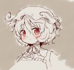  1girl aki_minoriko arinu blush buttons closed_mouth collared_shirt grey_background hair_between_eyes hat looking_at_viewer mob_cap partially_colored portrait red_eyes shirt short_hair sketch solo touhou 