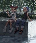  2girls arm_support black_footwear black_shirt blue_hair blue_pants closed_eyes commentary_request day double_bun full_body hair_bun hand_up harukaze_doremi highres looking_at_another majorika multiple_girls ojamajo_doremi open_mouth outdoors pants pants_rolled_up pink_shorts red_hair sandals senoo_aiko shirt shoes short_hair short_sleeves shorts sitting sleeveless sleeveless_shirt smile sneakers t-shirt tree tree_shade wabuchi water white_footwear white_shirt 
