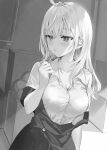  1girl absurdres ahoge alisa_mikhailovna_kujou blush box breasts buttons cleavage clenched_hand collarbone collared_shirt commentary_request crop_top crossed_bangs dress embarrassed framed_breasts frown greyscale hair_over_shoulder highres indoors long_hair looking_to_the_side loose_clothes loose_shirt medium_breasts momoko_(momopoco) monochrome nose_blush parted_bangs parted_lips partially_undressed school_uniform shirt short_sleeves sidelocks solo tokidoki_bosotto_roshia-go_de_dereru_tonari_no_arya-san upper_body v-shaped_eyebrows window 