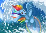 2023 blue_body blue_feathers blue_fur cutie_mark day digital_media_(artwork) equid equine feathered_wings feathers female friendship_is_magic fur hair hasbro mammal multicolored_hair multicolored_tail my_little_pony neoshrek open_mouth open_smile outside pegasus pink_eyes rainbow_dash_(mlp) rainbow_hair rainbow_tail semi-anthro smile surfboard surfing tail water wings 