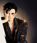  black_hair hand_on_own_face jacket monkey_d._luffy one_piece scar scar_on_chest scar_on_face sparkle studded_jacket 