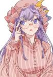  1girl bespectacled breasts crescent crescent_hat_ornament dress glasses hat hat_ornament large_breasts long_hair looking_to_the_side miyama_bot mob_cap parted_lips patchouli_knowledge purple_eyes purple_hair round_eyewear simple_background solo striped striped_dress teeth touhou upper_body vertical-striped_dress vertical_stripes white_background 