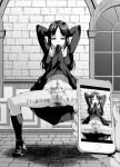  1girl arms_behind_head body_writing cellphone censored clitoris_piercing clothes_lift dress dress_lift exhibitionism holding holding_phone kaguya-sama_wa_kokurasetai_~tensai-tachi_no_renai_zunousen~ long_hair looking_at_viewer monochrome mosaic_censoring mouth_hold phone piercing public_indecency pussy_piercing rokuichi shinomiya_kaguya smartphone spread_legs 