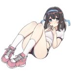  1girl aa211108 blue_eyes blue_headband blush buruma gym_uniform hand_on_own_hip headband idolmaster idolmaster_cinderella_girls knees_up looking_at_viewer sagisawa_fumika shoes short_sleeves simple_background smile sneakers socks solo white_background white_socks 