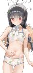  1girl absurdres ahoge bare_shoulders bikini black_hair blue_archive blush braid choker closed_mouth collarbone commentary cowboy_shot flat_chest floral_print halo hat highres kustaru lace-trimmed_choker lace_trim long_hair looking_at_viewer miyu_(blue_archive) miyu_(swimsuit)_(blue_archive) official_alternate_costume pinching red_eyes simple_background solo stomach sun_hat sweatdrop swimsuit twin_braids white_background white_bikini white_choker 