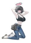  1girl :d absurdres armpits arms_up bare_arms bare_shoulders belt black_choker black_hair black_tank_top breasts character_request choker cleavage commentary_request copyright_request crop_top denim echj gloves grey_belt highres jeans kneeling large_breasts looking_at_viewer midriff navel open_mouth pants red_eyes shoes short_hair simple_background smile solo stomach tank_top thighs white_background white_footwear 