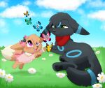  accessory bow_ribbon bow_tie clothing daughter detailed_background dress eevee eeveelution fan_character father father_and_child father_and_daughter female feral furgonomics generation_1_pokemon generation_2_pokemon generation_6_pokemon grass hair_accessory hair_bow hair_ribbon hi_res ittybittiestpawz lying male nintendo on_front parent parent_and_child plant pokemon pokemon_(species) ribbons scarf sky smile tail tail_accessory tail_bow tail_ribbon umbreon vivillon 