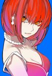 1girl alternate_hairstyle blue_background bracelet breasts chainsaw_man cleavage halftone_texture highres jewelry looking_at_viewer makima_(chainsaw_man) necklace orange_eyes pearl_bracelet pearl_necklace red_hair ringed_eyes sailen0 short_hair simple_background solo sports_bra 