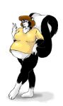  anthro belly big_breasts black_body black_fur bottomless breasts brown_hair clothed clothing danellz digital_media_(artwork) fur hair mammal mephitid multicolored_body multicolored_fur pregnant shirt skunk solo topwear two_tone_body two_tone_fur white_body white_fur 