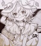  1girl :3 bow capelet closed_mouth commentary enokishima futatsuiwa_mamizou glasses gourd greyscale hat hat_bell hat_bow highres leaf looking_at_viewer monochrome raccoon_tail semi-rimless_eyewear short_hair solo symbol-only_commentary tail touhou under-rim_eyewear 