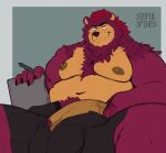  2023 6pklion anthro barazoku bear belly bodily_fluids body_hair chest_hair clothed clothing damon_(6pklion) drawing_tablet genital_fluids genitals half-closed_eyes half-erect hi_res holding_penis male mammal masturbation moobs musclegut narrowed_eyes nipples overweight overweight_anthro overweight_male pendant penile penile_masturbation penis penis_through_fly poking_out precum precum_on_self sitting snaggle_tooth solo spread_legs spreading underwear underwear_only 