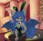  anthro bat_pony blue_hair bow_tie breasts bunny_costume card cleavage clothed clothing costume equid fan_character female furniture gambling hair hasbro hi_res long_hair looking_at_viewer mammal my_little_pony one_eye_closed racket_rhine shooshaa solo table wings wink yellow_eyes 