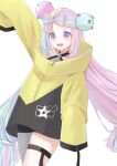  1girl :d absurdres arm_up bow-shaped_hair character_hair_ornament commentary eyelashes green_hair hair_ornament happy highres iono_(pokemon) jacket long_hair multicolored_hair open_mouth pearjelly pink_hair pokemon pokemon_sv purple_eyes single_leg_pantyhose sleeves_past_fingers sleeves_past_wrists smile solo teeth thigh_strap twintails two-tone_hair upper_teeth_only white_background yellow_jacket 