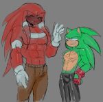  abs anthro archie_comics athletic athletic_anthro athletic_male biceps blush bottomwear chest_scar clothed clothing duo echidna eulipotyphlan eyes_closed fur gloves green_body green_fur grey_background half-closed_eyes hand_on_hip handwear hedgehog knuckles_the_echidna leather leather_bottomwear leather_clothing leather_pants male mammal monotreme muscular muscular_anthro muscular_male narrowed_eyes pants pecs raised_hand red_body red_fur scar scourge_the_hedgehog sega sharp_teeth simple_background skyuuto smile sonic_the_hedgehog_(archie) sonic_the_hedgehog_(comics) sonic_the_hedgehog_(series) standing sweatpants teeth topless 