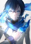  1boy absurdres backlighting blue_eyes blue_fire blue_hair blue_nails blue_theme coat fire hair_between_eyes hand_on_own_chest headset highres kaito_(vocaloid) kaito_(vocaloid3) looking_at_viewer male_focus nico1016 see-through short_hair smile solo vocaloid white_background white_coat 