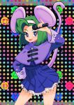  1girl animal_ears batchgooya brave_fencer_musashiden capelet dress green_hair hairband highres looking_at_viewer mouse_ears mouse_girl mouse_tail polka_dot polka_dot_background purple_capelet short_hair skirt smile solo tail topo_(musashiden) 