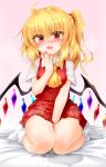  after_sex ascot bed blonde_hair blush breasts buttons collared_shirt covering covering_crotch crystal cum cum_in_pussy cum_on_legs fang fingernails flandre_scarlet hair_between_eyes hair_ornament hand_up highres large_breasts long_fingernails looking_at_viewer marukyuu_ameya medium_breasts multicolored_wings nail_polish no_headwear no_shoes on_bed one_side_up open_mouth pink_background puffy_short_sleeves puffy_sleeves red_eyes red_nails red_skirt red_vest shirt short_hair short_sleeves simple_background sitting skirt skirt_set smile socks sweat sweatdrop tongue touhou vest white_shirt white_socks wings yellow_ascot 