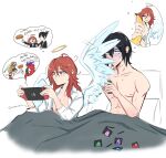  2boys among_us angel_devil_(chainsaw_man) angel_wings arven_(pokemon) banana bed black_hair chainsaw_man character_print cigarette condom condom_wrapper crewmate_(among_us) florian_(pokemon) food fruit hayakawa_aki highres implied_after_sex koraidon lighter meme multiple_boys nintendo_switch no_shirt onac911 pokemon pokemon_(game) pokemon_sv red_hair sexually_suggestive shirt sitting white_shirt wings yaoi 