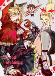  2boys animal_ears battle_tendency black_corset blonde_hair blood blood_on_clothes blood_on_face blood_on_hands bound brown_hair caesar_anthonio_zeppeli capelet cat chibi claws corset cosplay crossdressing dangling facial_hair facial_mark green_eyes highres jojo_no_kimyou_na_bouken joseph_joestar joseph_joestar_(young) kemonomimi_mode little_red_riding_hood_(grimm) little_red_riding_hood_(grimm)_(cosplay) male_focus multiple_boys red_capelet red_hood stubble tail thighhighs tied_up_(nonsexual) white_thighhighs wolf_ears wolf_tail zhoujo51 