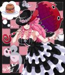  1girl absurdres artist_name bare_arms bare_shoulders black_dress black_eyes black_headwear breasts bridge-moon burger checkered_background cleavage coffee_cup cup disposable_cup dress drill_hair flower food ghost gothic_lolita hat hat_flower highres holding holding_cup holding_umbrella large_breasts lolita_fashion long_hair one_piece perona pink_hair plate rose signature smile thinking thought_bubble tongue tongue_out umbrella very_long_hair watermark white_flower white_rose 