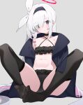  1girl a.r.o.n.a_(blue_archive) absurdres bare_shoulders bikini black_bikini black_choker black_coat black_hairband black_thighhighs blue_archive blush bow braid breasts choker closed_mouth coat collarbone criss-cross_halter eyes_visible_through_hair feet foot_focus frilled_bikini frills full_body grey_background grey_eyes hair_bow hair_over_one_eye hair_ribbon hairband halo halterneck highres legs linnnp long_hair long_sleeves looking_at_viewer multicolored_hair navel no_shoes off_shoulder open_clothes open_coat parted_lips pink_hair pink_pupils ribbon side_braid sidelocks simple_background single_braid sitting small_breasts soles solo spread_legs stomach swimsuit thighhighs thighs toes very_long_hair white_bow white_hair white_ribbon 