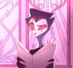  akuma_nemui anthro avian bird book confusion ellipsis fur grey_body grey_fur grey_hair hair helluva_boss holding_book holding_newspaper holding_object male newspaper owl owl_demon red_eyes short_hair simple_background sitting solo stolas_(helluva_boss) white_face window 