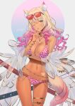  1girl animal_ears animal_print arm_under_breasts artist_name belly_chain bikini blonde_hair bracelet breasts cowboy_shot eyewear_on_head fate/grand_order fate_(series) finger_to_cheek finger_to_own_chin fox_ears gold_bracelet gradient_hair grey_background gyaru hand_up heart jewelry katana kibou large_breasts leopard_print light_blush long_hair looking_at_viewer multicolored_hair nail_polish navel necklace one_eye_closed parted_lips pink_bikini pink_hair pink_nails print_bikini red-tinted_eyewear scabbard see-through sheath sheathed simple_background solo sunglasses suzuka_gozen_(fate) suzuka_gozen_(summer_vacation)_(fate) swimsuit sword tan thigh_gap thighlet tinted_eyewear weapon yellow_eyes 