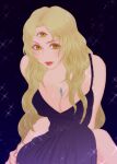  1girl black_dress blonde_hair breasts cleavage closed_mouth dress extra_eyes jewelry lipstick long_hair looking_at_viewer makeup necklace opera_vectra red_lips solo sparkle star_ocean star_ocean_the_second_story third_eye weave yellow_eyes 