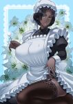  1girl absurdres alternate_costume apron black_dress black_hair blush bonnet braid breasts brown_thighhighs dark-skinned_female dark_skin dress enmaided facial_mark fate/grand_order fate_(series) flower french_braid frills green_eyes highres large_breasts long_hair long_sleeves looking_at_viewer maid mimikaki parted_bangs parted_lips scheherazade_(fate) seiza sitting smile solo teringo thighhighs thighs white_apron 