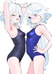  2girls ;d ahoge armpits arms_up blue_hair blue_one-piece_swimsuit breasts buta_tsuzumi closed_mouth commentary_request fingernails focalors_(genshin_impact) from_side furina_(genshin_impact) genshin_impact hair_intakes hand_on_own_hip highres long_hair looking_at_viewer multiple_girls multiple_views nail_polish one-piece_swimsuit one_eye_closed open_mouth petite school_swimsuit short_hair simple_background small_breasts smile swimsuit white_background 
