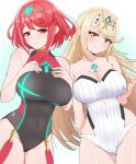  2girls absurdres bare_shoulders black_one-piece_swimsuit blonde_hair blue_background breasts circlet cleavage closed_mouth core_crystal_(xenoblade) cowboy_shot highres kamidan large_breasts long_hair looking_at_viewer medium_hair multiple_girls mythra_(radiant_beach)_(xenoblade) mythra_(xenoblade) one-piece_swimsuit polka_dot polka_dot_background pyra_(pro_swimmer)_(xenoblade) pyra_(xenoblade) red_eyes red_hair smile strapless strapless_swimsuit swept_bangs swimsuit very_long_hair white_one-piece_swimsuit xenoblade_chronicles_(series) xenoblade_chronicles_2 yellow_eyes 