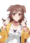  1girl :3 animal_collar animal_ears artist_name blush bone_hair_ornament brown_eyes brown_hair collar dog_ears dog_girl dress hair_between_eyes hair_ornament hairclip highres hololive inugami_korone inugami_korone_(1st_costume) jacket long_hair long_sleeves looking_at_viewer mads_ez open_clothes open_jacket red_collar smug solo upper_body virtual_youtuber white_background white_dress yellow_jacket 