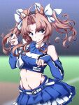  547th_sy ahoge alternate_costume animal_ears blue_shirt blue_skirt blurry blurry_background bridal_gauntlets brown_hair cowboy_shot fox_ears grey_eyes groin hair_ribbon highres kagerou_(kancolle) kagerou_kai_ni_(kancolle) kantai_collection kitsune_dance layered_skirt looking_at_viewer midriff paw_pose ribbon shirt simple_background skirt sleeveless sleeveless_shirt smile twintails white_ribbon 