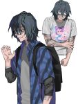  1boy arm_tattoo averting_eyes backpack bag black_bag blue_eyes blue_shirt cropped_torso crying crying_with_eyes_open glasses grey_shirt hair_between_eyes hand_on_own_arm hand_up highres irasutoya long_sleeves looking_at_viewer male_focus multiple_views nervous_smile open_mouth original otaku plaid plaid_shirt print_shirt shirt short_hair short_sleeves simple_background smile snot sweatdrop t-shirt tattoo tears turn_pale white_background white_shirt zashima 