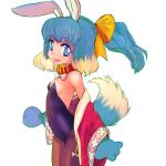  1girl :d animal_collar animal_ears animal_hands arched_back bare_shoulders blue_eyes blue_hair blue_tail bone bow breasts brown_pantyhose collar cowboy_shot dog_ears dog_girl dog_tail fake_animal_ears floating_hair floppy_ears gloves hair_bow hairband highres inu-t legs_together leotard light_blue_hair medium_hair multicolored_tail nt-tan open_mouth os-tan pantyhose paw_gloves pink_hairband playboy_bunny rabbit_ears red_collar simple_background small_breasts smile solo standing strapless strapless_leotard tail tsukiyono_aroe white_background white_tail wide_sleeves yellow_bow 