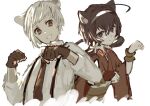  1boy 1girl absurdres black_eyes black_gloves black_necktie bungou_stray_dogs cat_boy cat_girl closed_mouth collared_shirt fingerless_gloves flower gloves hair_flower hair_ornament hairband hands_up highres izumi_kyouka_(bungou_stray_dogs) japanese_clothes jellyfish_sz kimono long_sleeves looking_at_viewer low_twintails nakajima_atsushi_(bungou_stray_dogs) necktie open_mouth red_kimono shirt short_hair simple_background smile twintails upper_body white_background white_hair white_hairband white_shirt wide_sleeves 