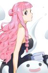  1girl black_dress blunt_bangs braid closed_mouth dress drill_hair frilled_dress frills ghost hair_bun half_updo long_hair looking_at_viewer one_piece perona pink_hair profile raine_(acke2445) sidelocks simple_background solo upper_body white_background 