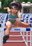 1girl blue_footwear blurry blurry_background brown_eyes brown_hair cleats day flat_chest full_body green_headband headband highres hurdle jumping looking_at_viewer medium_hair navel open_mouth original otsu_natsu outdoors sleeveless solo tan track_and_field 