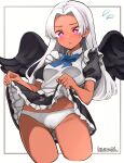  1girl :o absurdres alternate_costume apron artist_name ass_visible_through_thighs black_dress black_wings blue_bow blue_bowtie blush bow bowtie breasts cameltoe clothes_lift cropped_legs dark-skinned_female dark_skin dress dress_lift enmaided flying_sweatdrops forehead grey_hair groin highres kasumi_6 long_hair looking_ahead maid one_piece panties petite puffy_short_sleeves puffy_sleeves s-snake short_sleeves small_breasts solo star-shaped_pupils star_(symbol) symbol-shaped_pupils underwear very_long_hair white_apron white_panties wings 